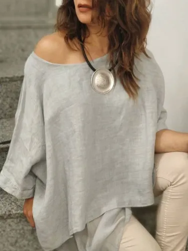 Gray Cotton 3/4 Sleeve Solid Shirts & Tops