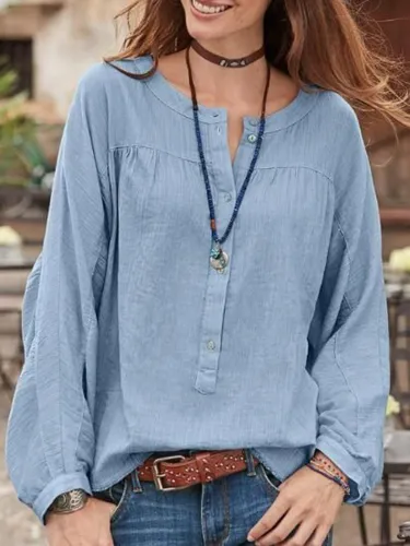 Women Blouse Buttoned Round Neck Long Sleeves Loose Tops
