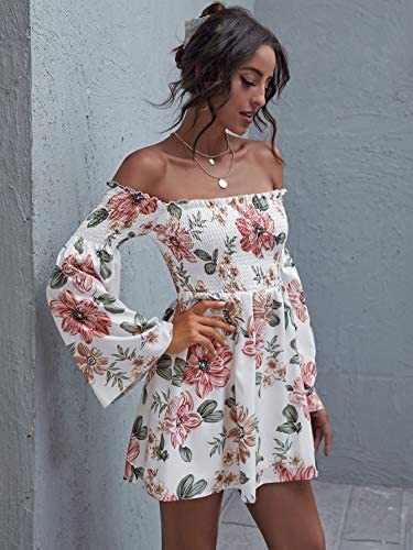 Romwe Women's Casual Floral Print Off Shoulder Trumpet Sleeve Swing Dress