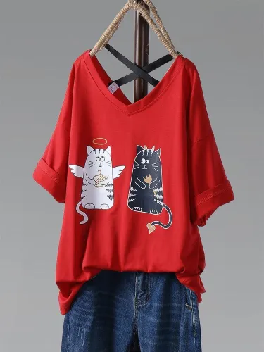 Round Neck Floral Cotton-Blend Casual Shirts & Tops