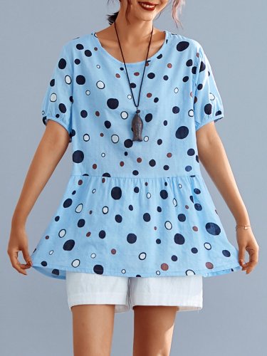 Plus Size Women Short Sleeve Round Neck Vintage Polka Dots Floral Casual Tops