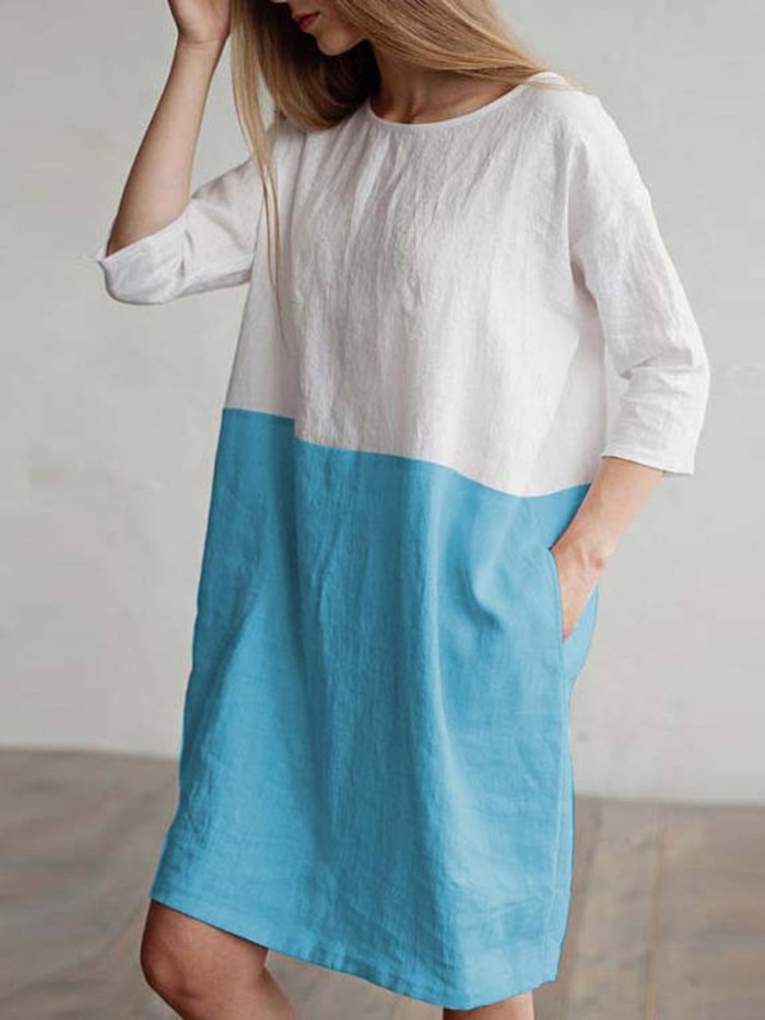 Brown 3/4 Sleeve Pockets Shift Plus Size Dress