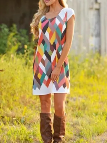 Plus Size Scoop Neck  Checkered  Short Sleeve Dresses