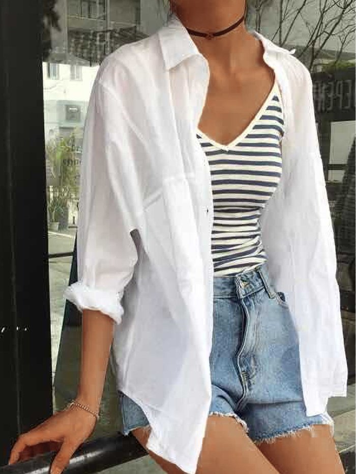 Plus Size Women Long Sleeve Loose Solid Cotton Sunscreen Jacket Casual Shirt Cardigan