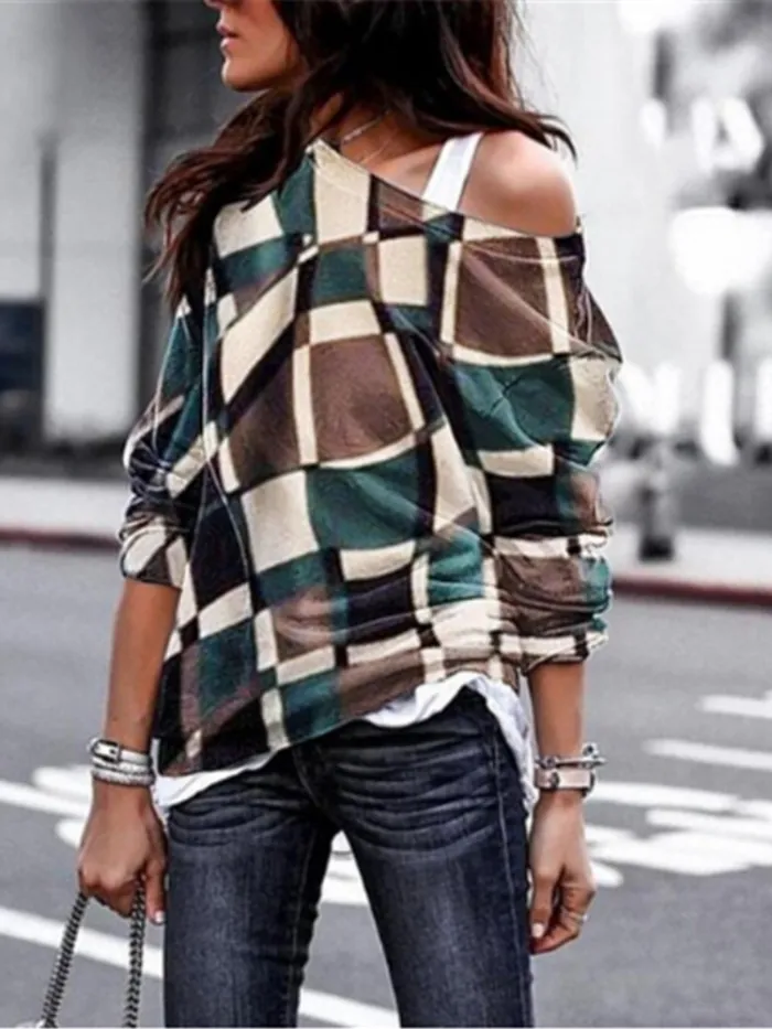 Women Long Sleeve Checkered Cotton-Blend Geometric Off-shoulder T-Shirts