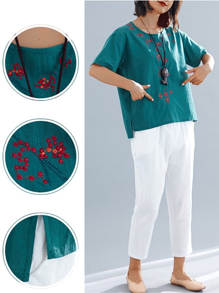 Plus Size  Women  Cotton   Embroidered  Short  Sleeves Round Neck   Casual  Tops