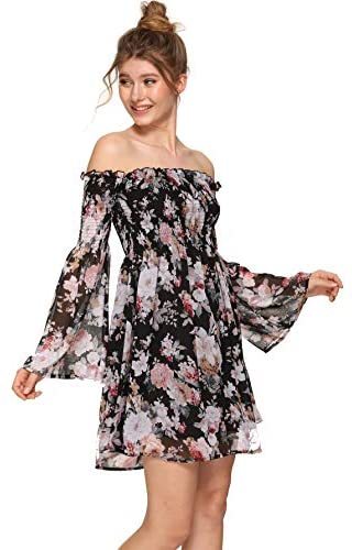Romwe Women's Casual Floral Print Off Shoulder Trumpet Sleeve Swing Dress
