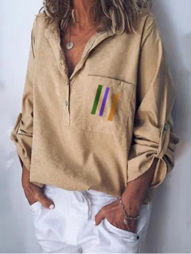 Khaki 3/4 Sleeve V Neck Shift Linen Shirts & Tops