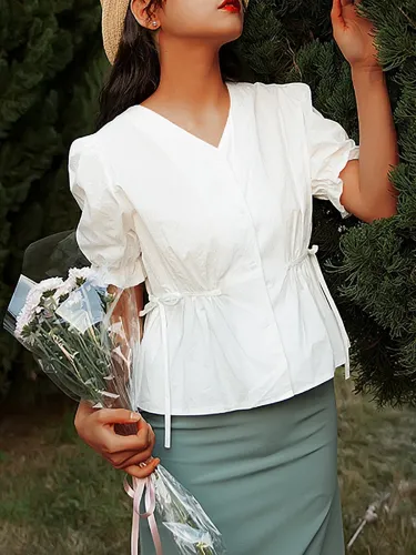 Plus Size Women Short Sleeve V-neck Solid  Casual  Tops