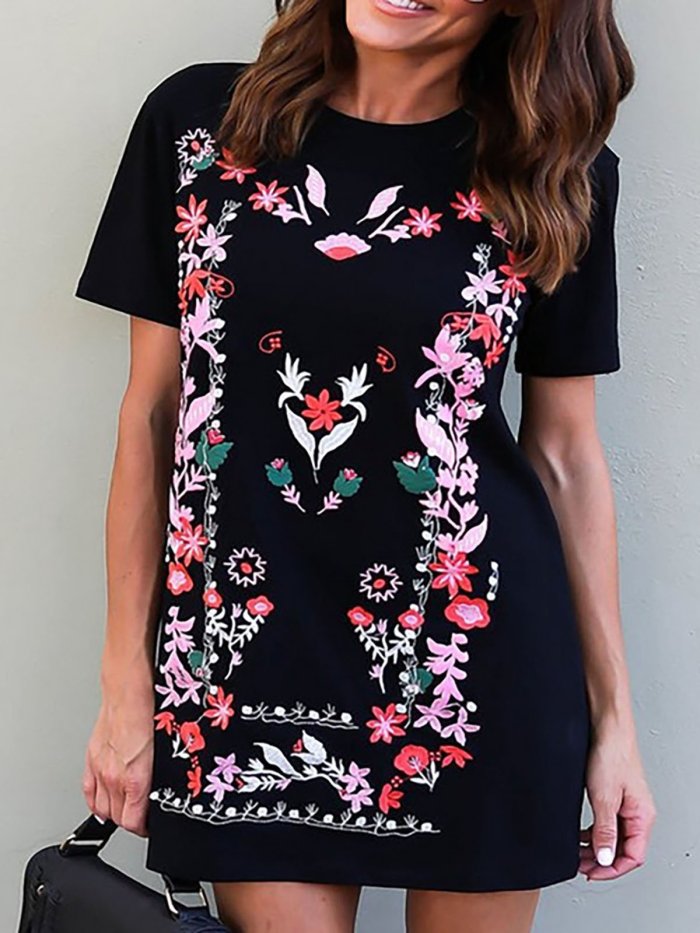 Black Short Sleeve Paneled Floral Casual Dress