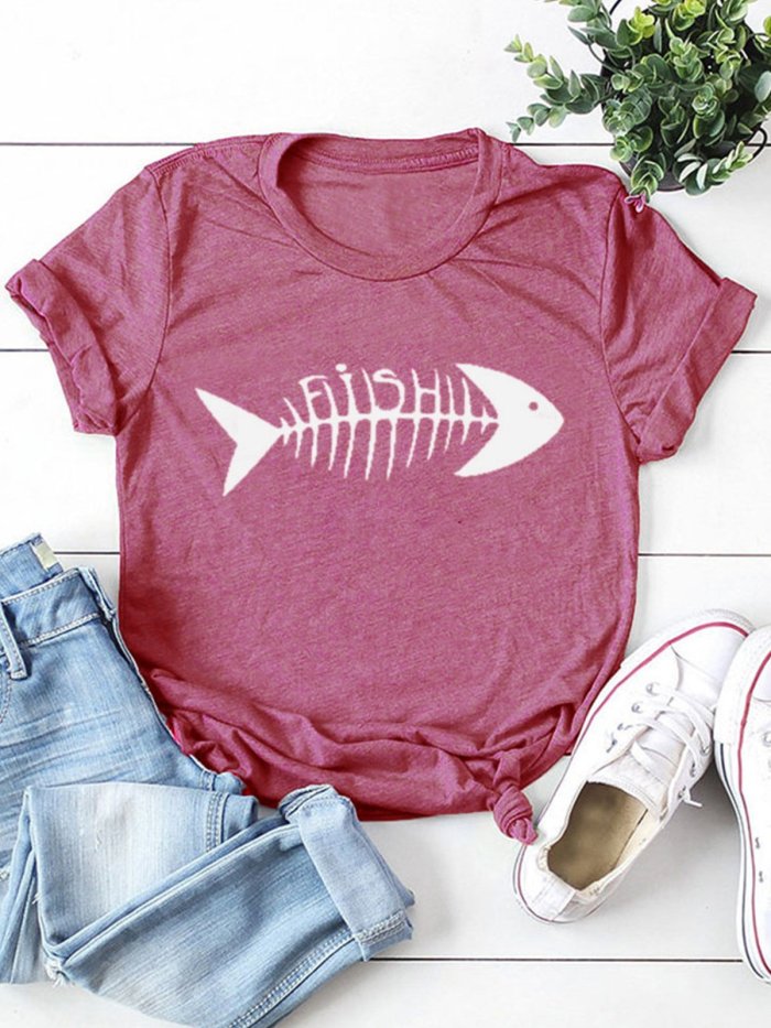 Casual Fish Bone Printing Crew Neck Short Sleeve T-Shirt