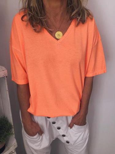V Neck Cotton-Blend Short Sleeve Shirts & Tops