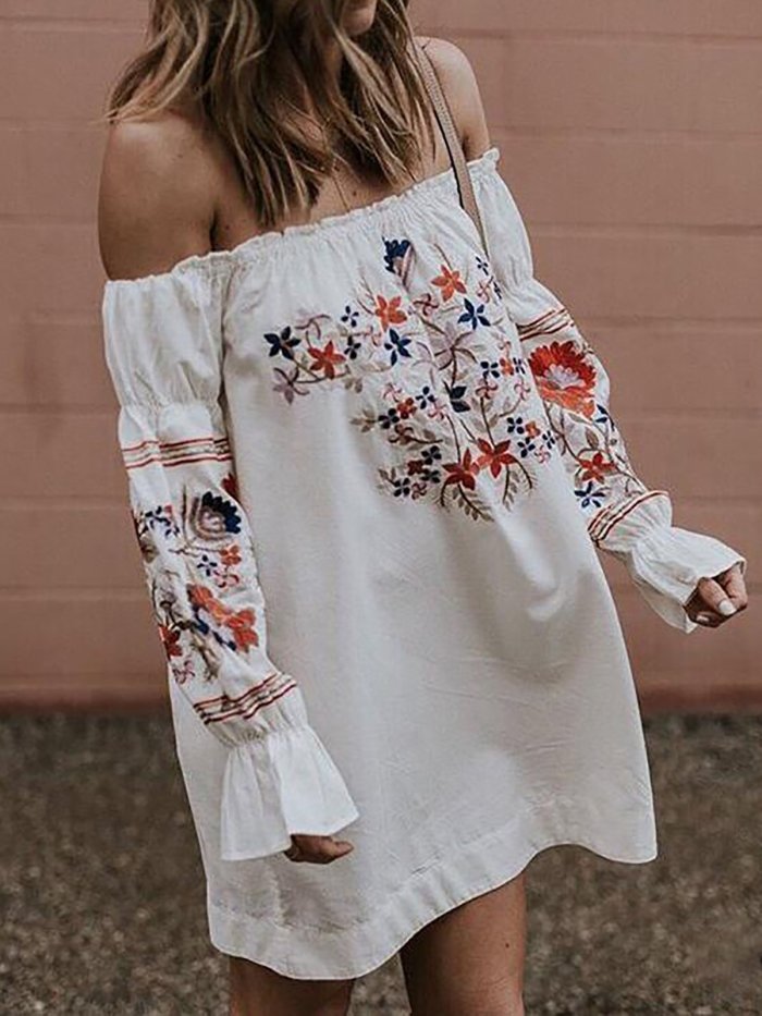 A-line Casual Polyester Floral-print Short Sleeve Dress