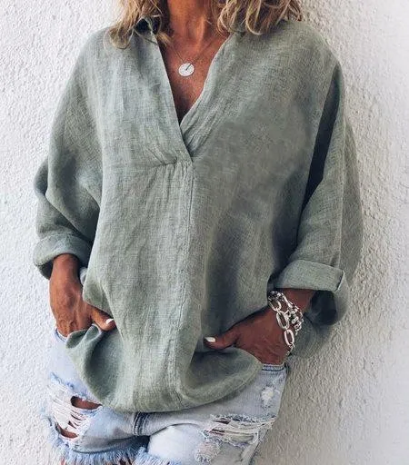 Plus Size V Neck Long Sleeve Casual Shirts & Tops
