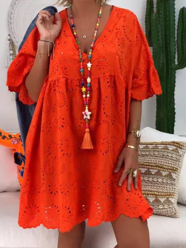 Plus Size V Neck Women Cotton-Blend Plain Dresses