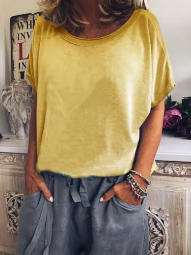 Short Sleeve Cotton-Blend Crew Neck Plain Shirts & Tops