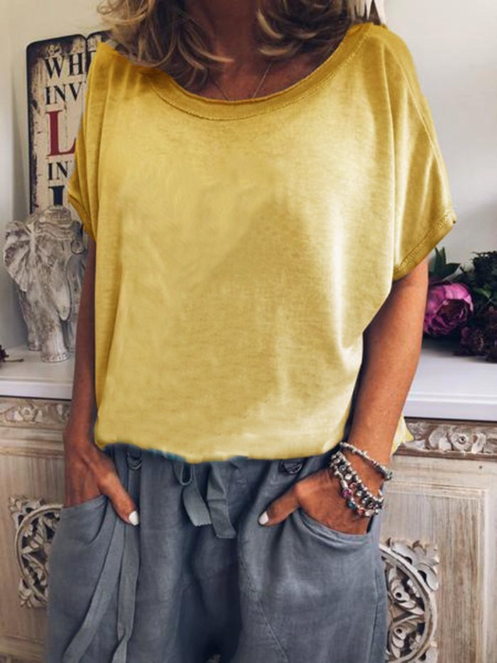 Short Sleeve Cotton-Blend Crew Neck Plain Shirts & Tops