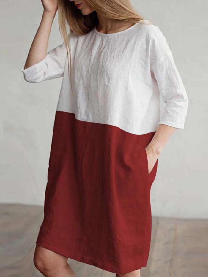 Brown 3/4 Sleeve Pockets Shift Plus Size Dress