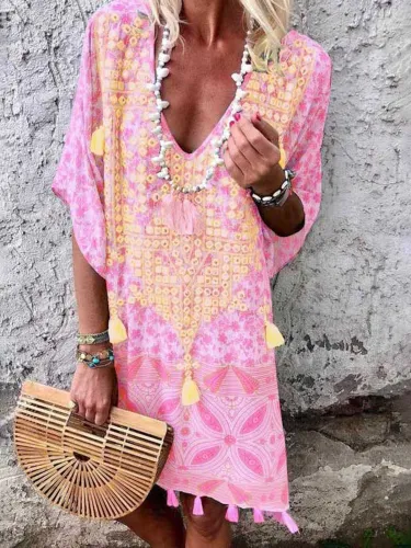 Floral Tassel Printed Casual Summer Above  Knee Shift Dresses