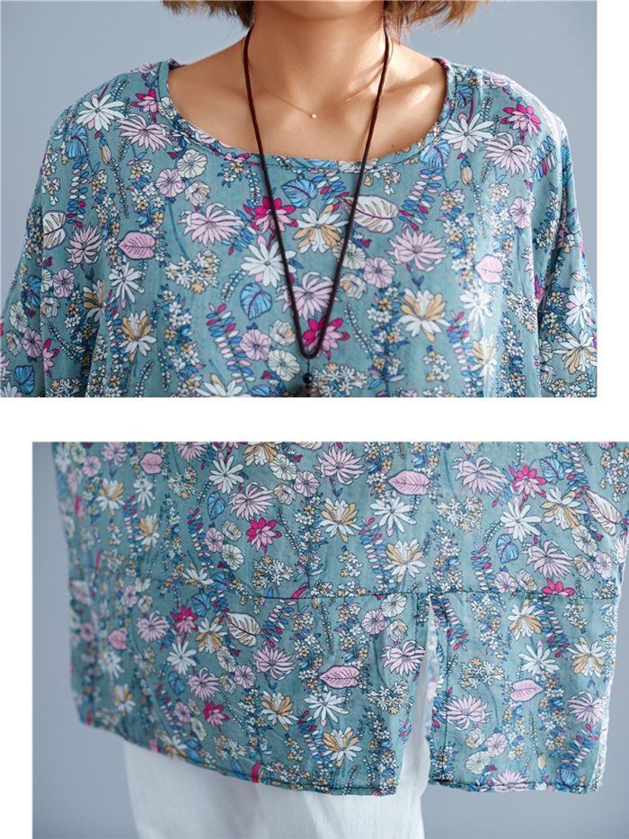 Women Short Sleeve Round Neck Vintage Floral Casual Tops