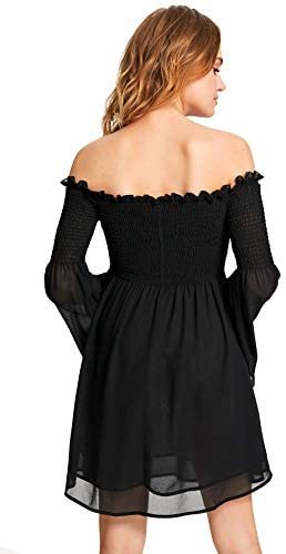 Romwe Women's Casual Floral Print Off Shoulder Trumpet Sleeve Swing Dress