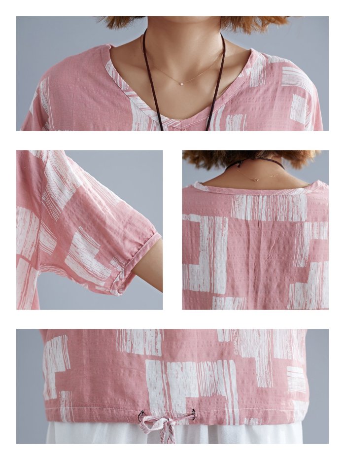 Plus Size Women Cotton And Linen V Neck Short Sleeve Vintage Floral Casual Tops