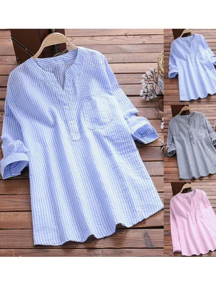 Plus Size Striped Casual Long Sleeve Blouse
