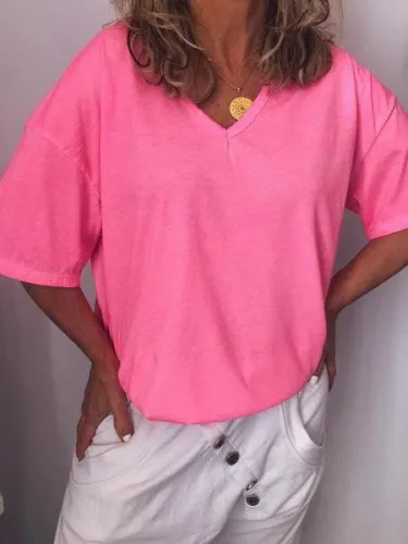 V Neck Cotton-Blend Short Sleeve Shirts & Tops