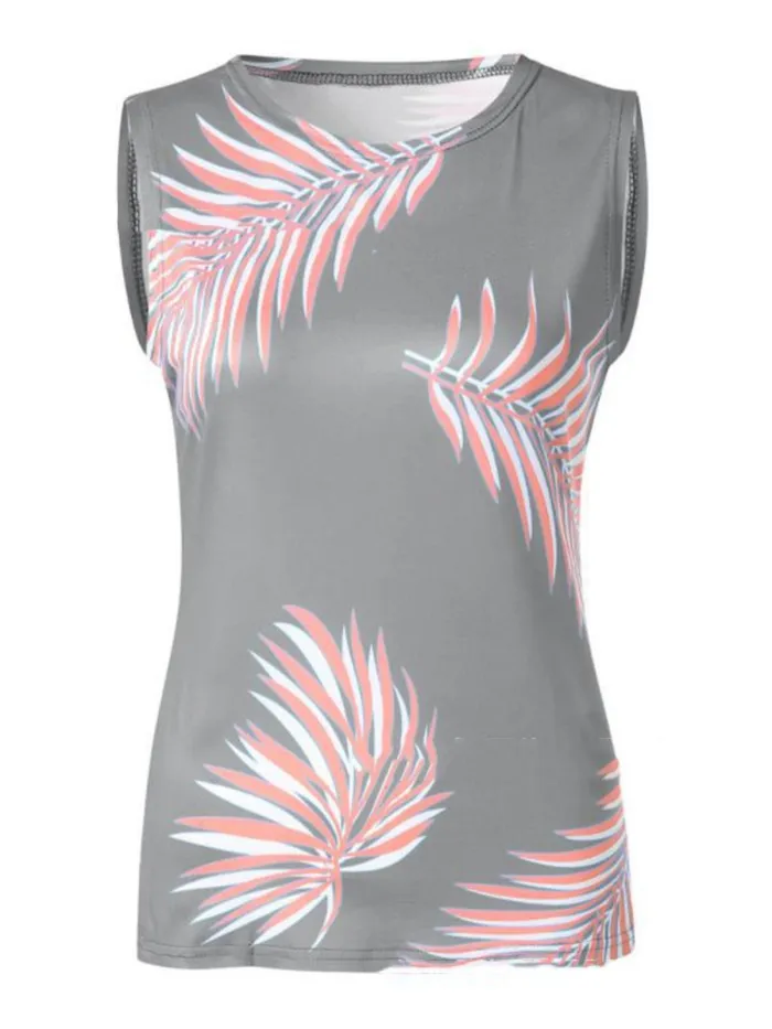 Summer Tops Leaf Print Sleeveless Crew Neck Casual Tanks