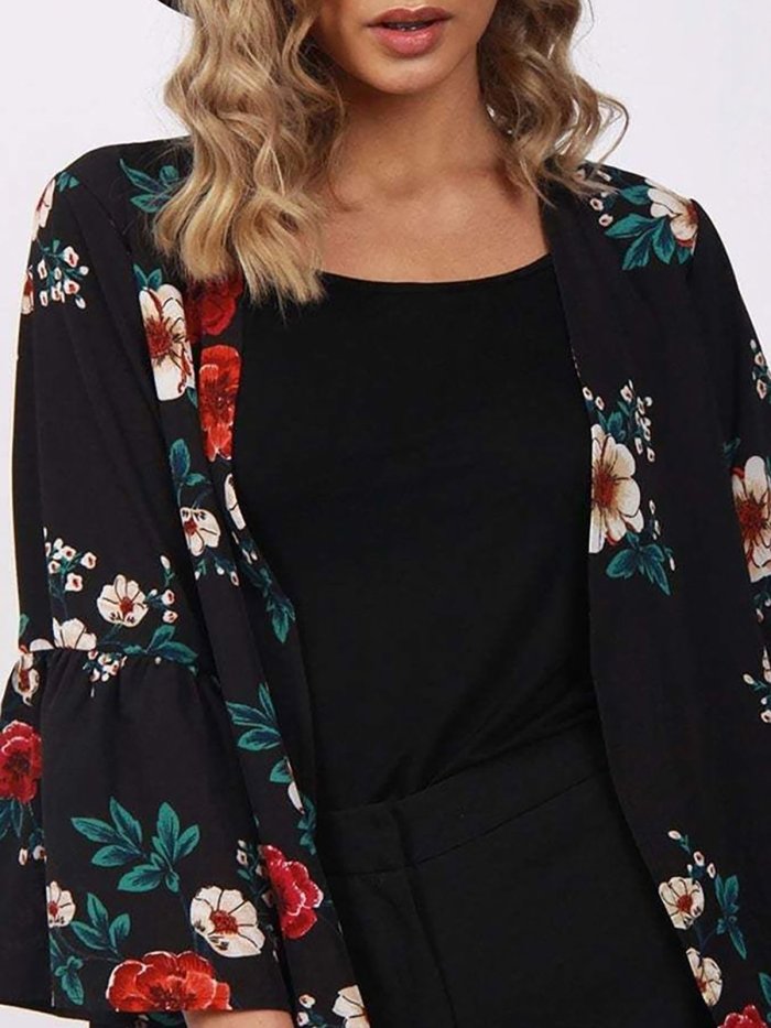 Floral Casual Paneled Bell Sleeve Chiffon Printed/Dyed Cardigan