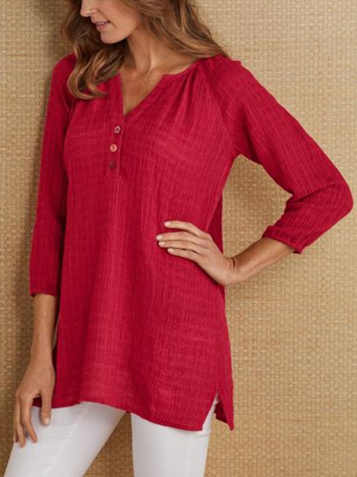 3/4 Sleeve V Neck Linen Casual Shirts & Tops