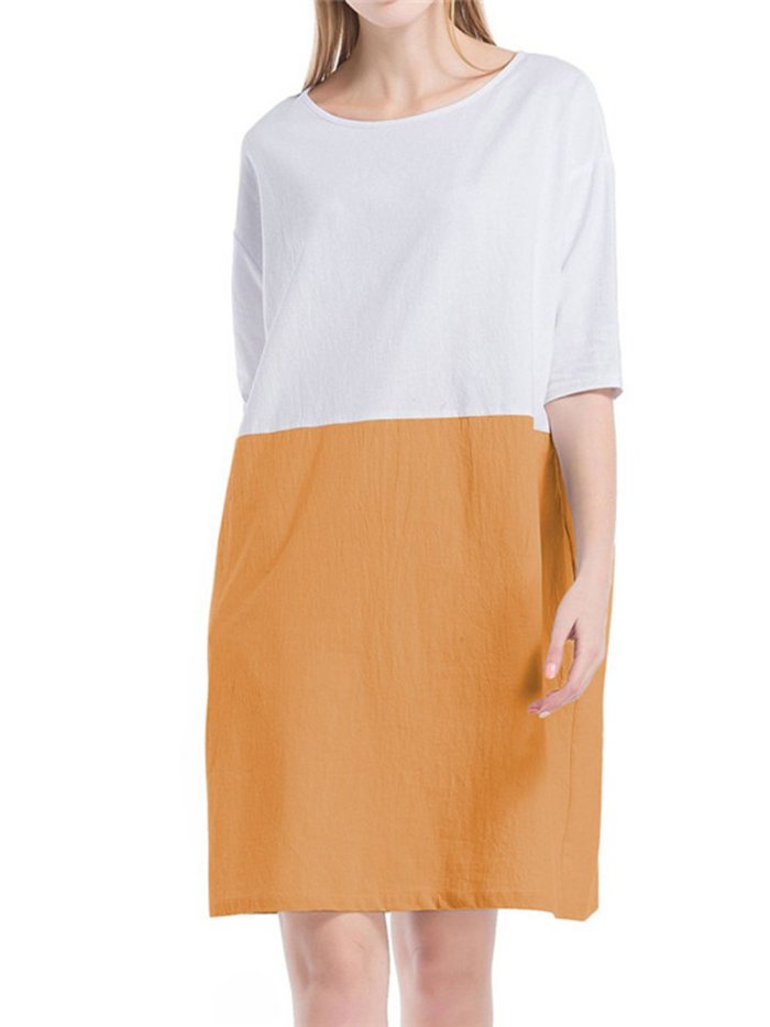 Brown 3/4 Sleeve Pockets Shift Plus Size Dress