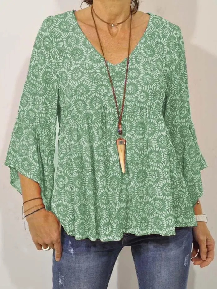 Plus Size V Neck Casual 3/4 Sleeve Printed Tops