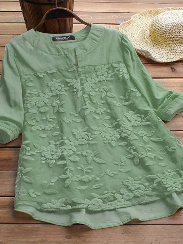 Long Sleeve V Neck Casual Embroidery Shirts & Tops