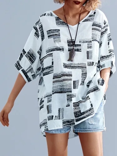 Plus Size Women Short Sleeve V Neck Vintage Floral Casual Tops