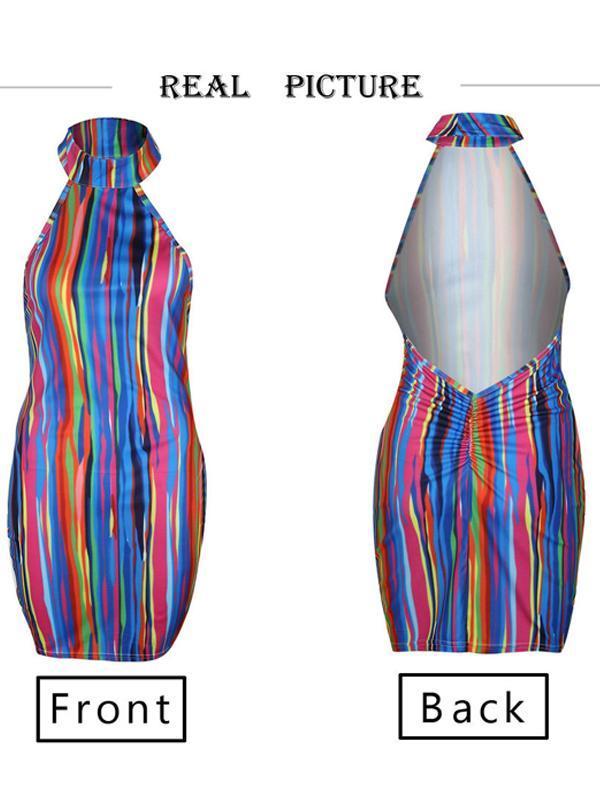 Rainbow Multicolor Stripes Crew Neck Beach Holiday Dress