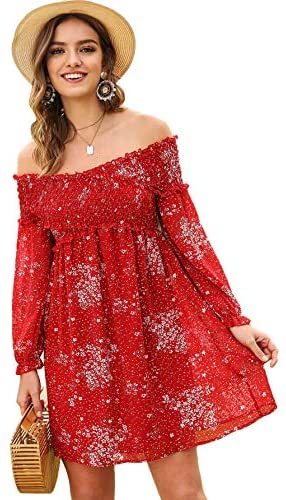 Romwe Women's Casual Floral Print Off Shoulder Trumpet Sleeve Swing Dress