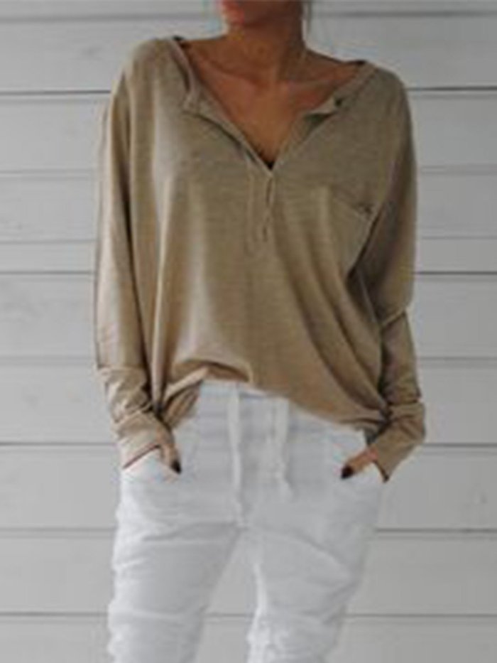 Cotton-Blend Long Sleeve Casual V Neck Shirts & Tops