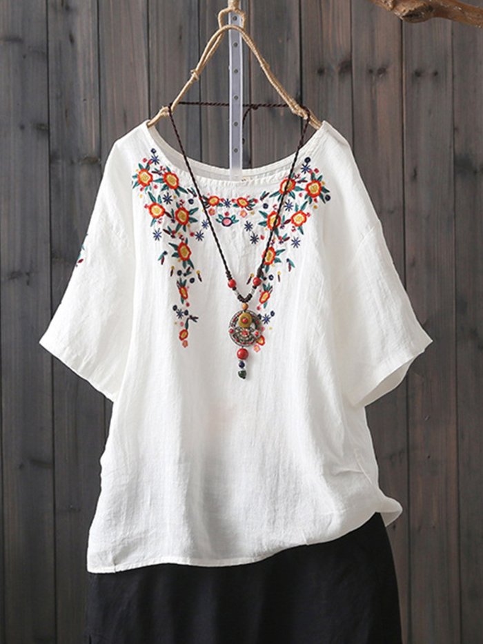 Women Casual Loose Embroidered Tops Tunic Blouse Shirt