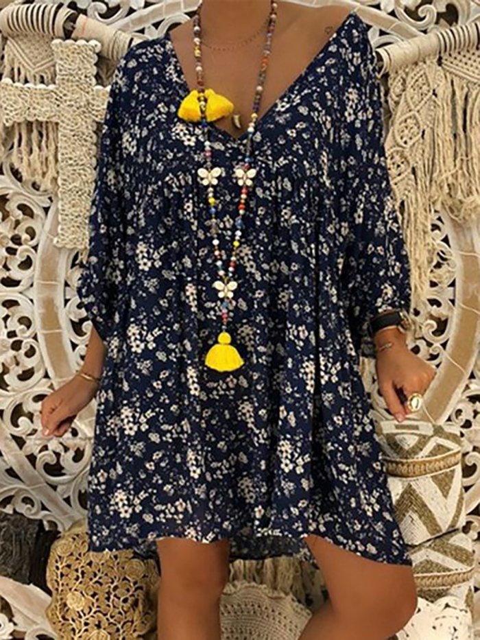 V Neck Floral Fall Dress