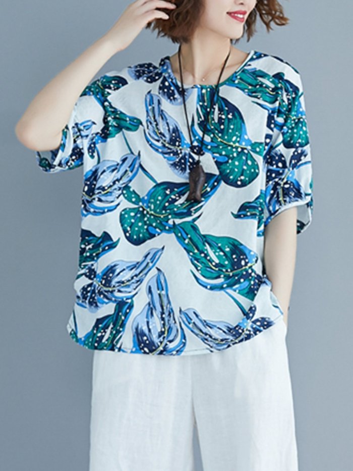 Women Short Sleeve Round Neck Vintage Floral Casual Tops