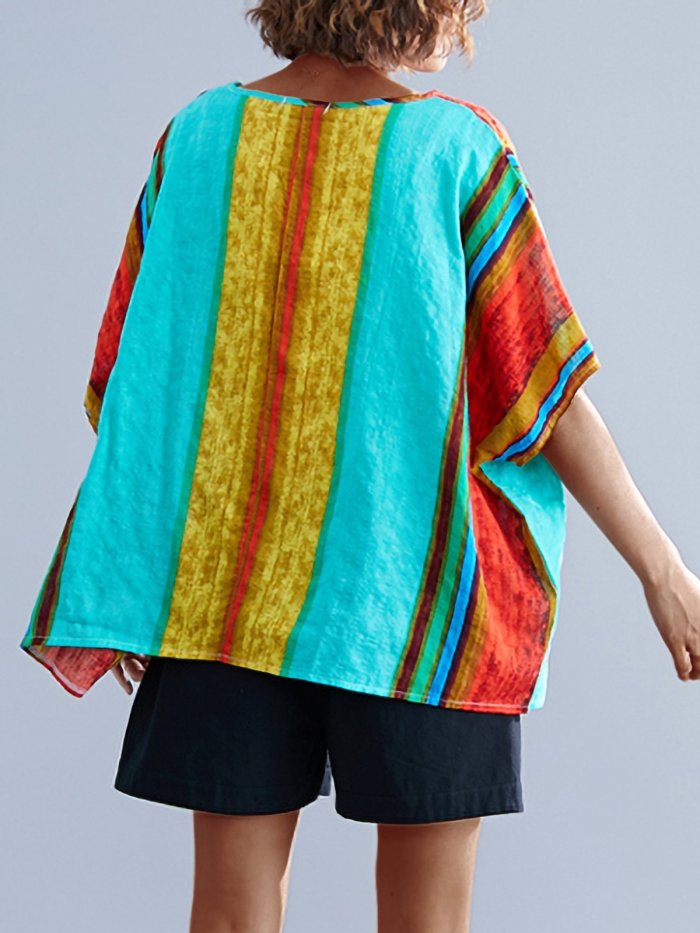 Plus Size Women Short Sleeve Round Neck Vintage Striped Floral Casual Tops