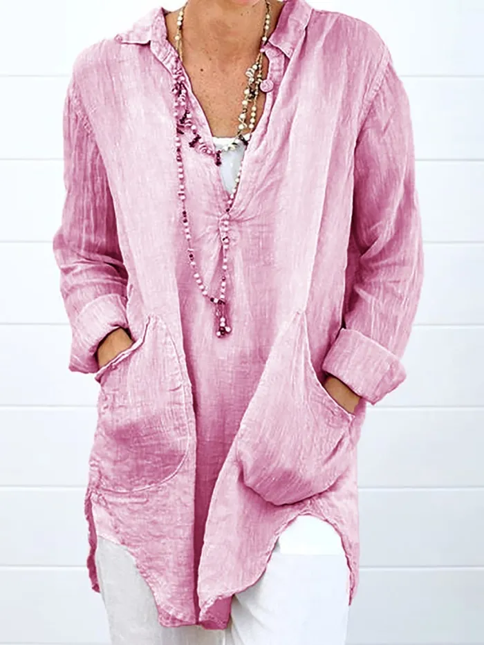 Double Pockets Long Sleeve Plus Size Shirts
