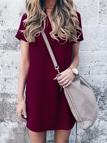 Pockets Basic Plain Short Sleeve Casual Dress