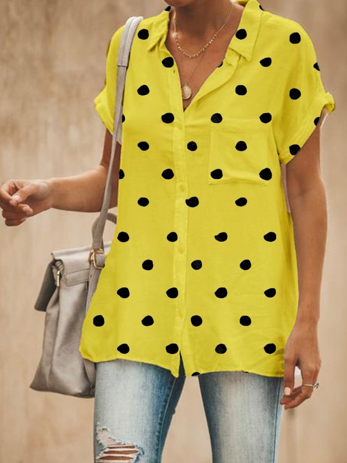 Women Casual Relaxed Fit Polka Dots Button Down Shirt