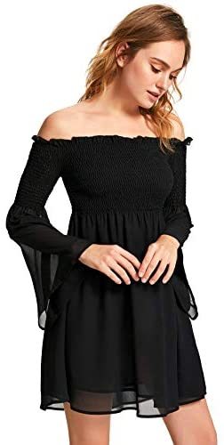 Romwe Women's Casual Floral Print Off Shoulder Trumpet Sleeve Swing Dress