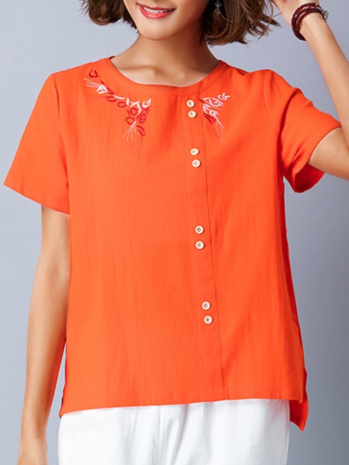 Plus Size Women Short Sleeve Round Neck Vintage Floral Casual Tops