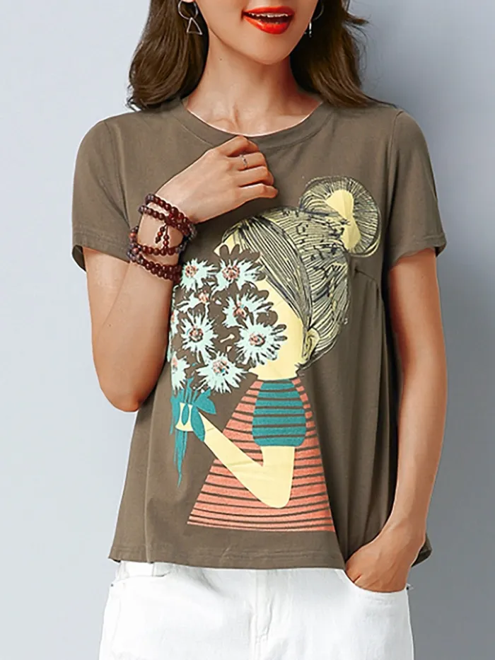 Plus Size Women Short  Sleeve  Round Neck    Floral  Casual  Tops