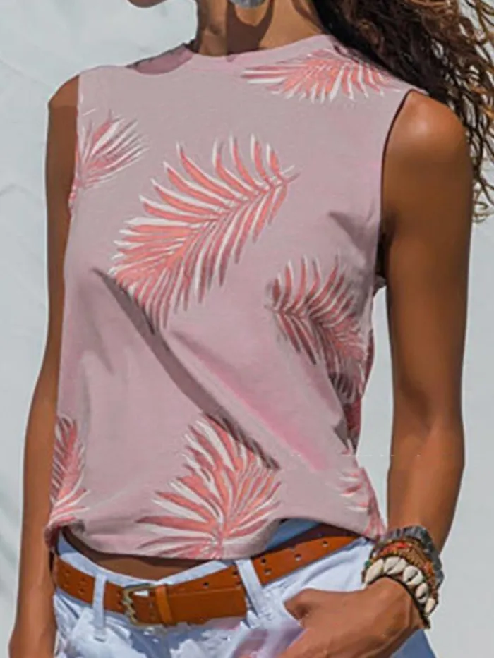 Summer Tops Leaf Print Sleeveless Crew Neck Casual Tanks