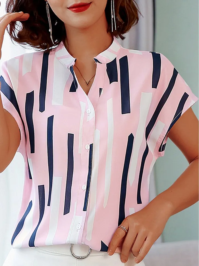 Plus Size Women Short  Sleeve  V-neck  Striped   Floral  Casual  Tops